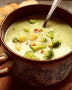 Cheesy broccoli and potato soup served in a bowl with fresh herbs