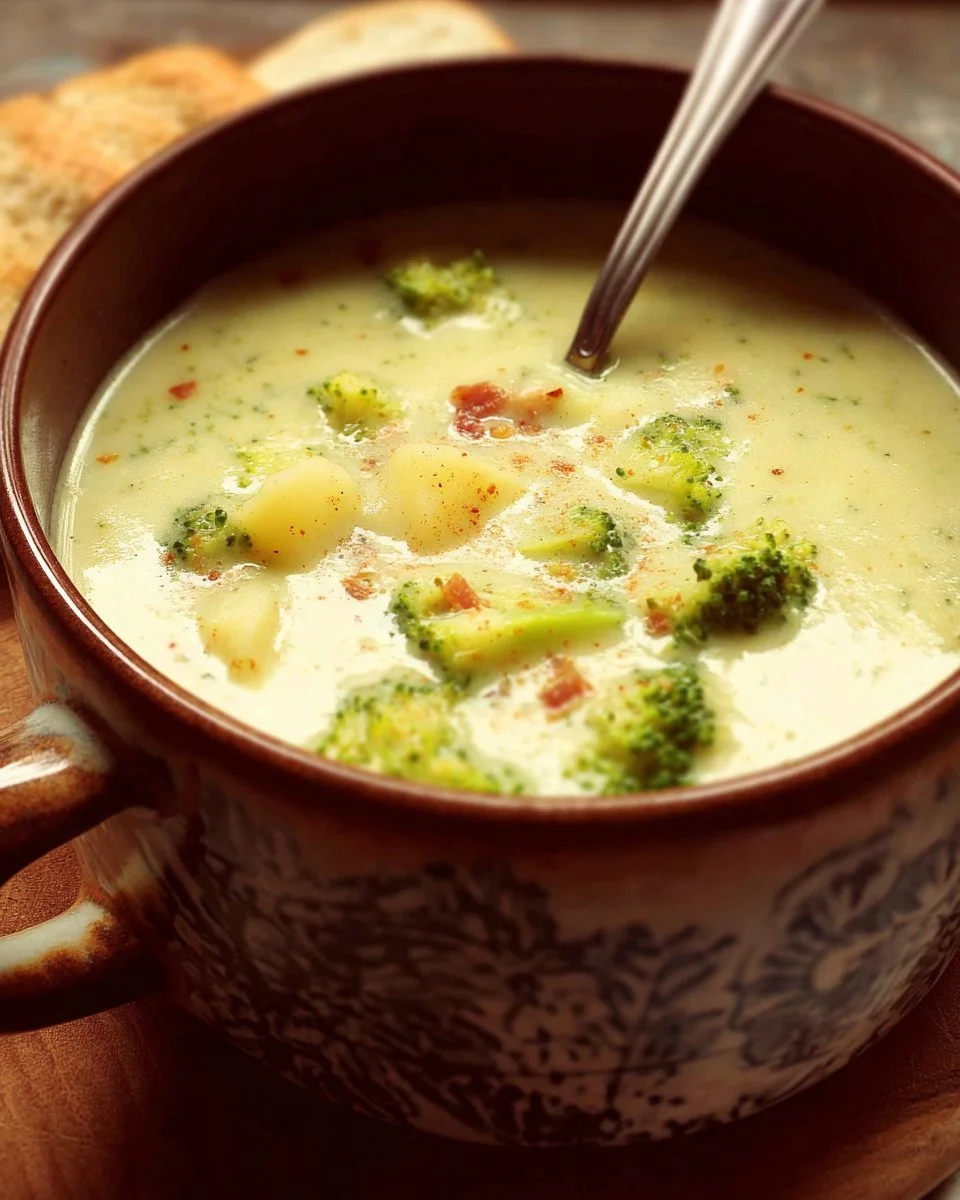 Cheesy broccoli and potato soup served in a bowl with fresh herbs