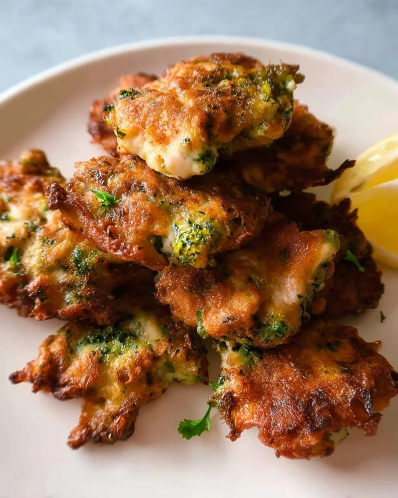 Cheesy broccoli chicken fritters served on a plate, garnished with herbs.