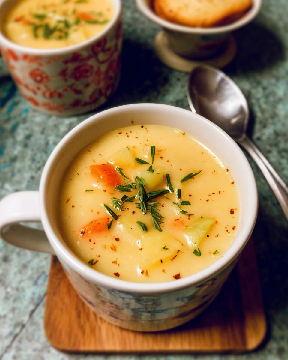 Bowl of creamy Cheesy Potato Soup garnished with herbs