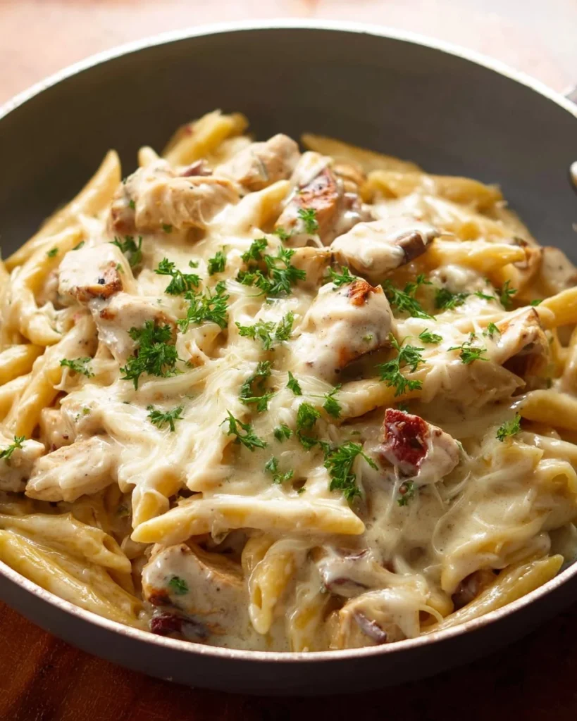 Creamy Chicken Alfredo pasta made with jar sauce, garnished with parsley