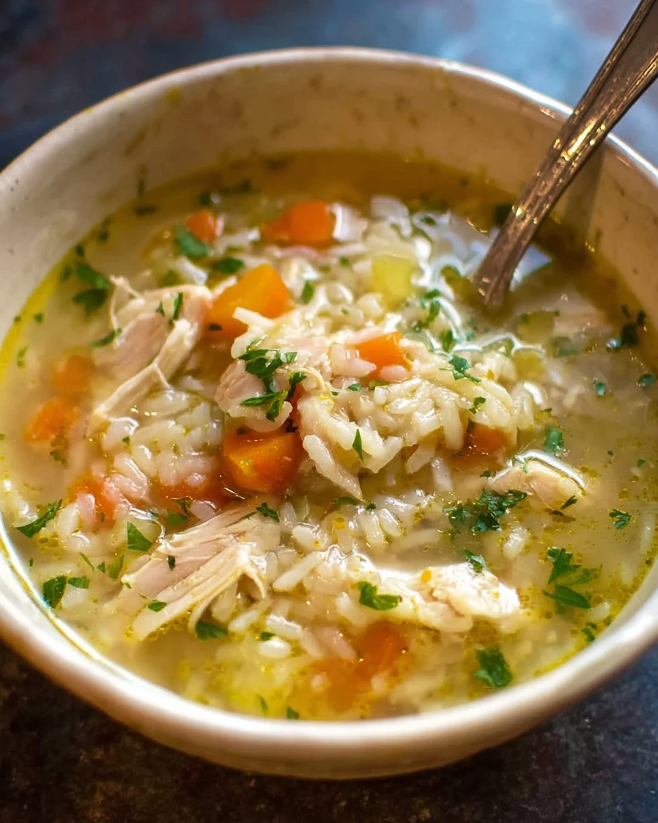 Bowl of Chicken and Rice Soup garnished with herbs