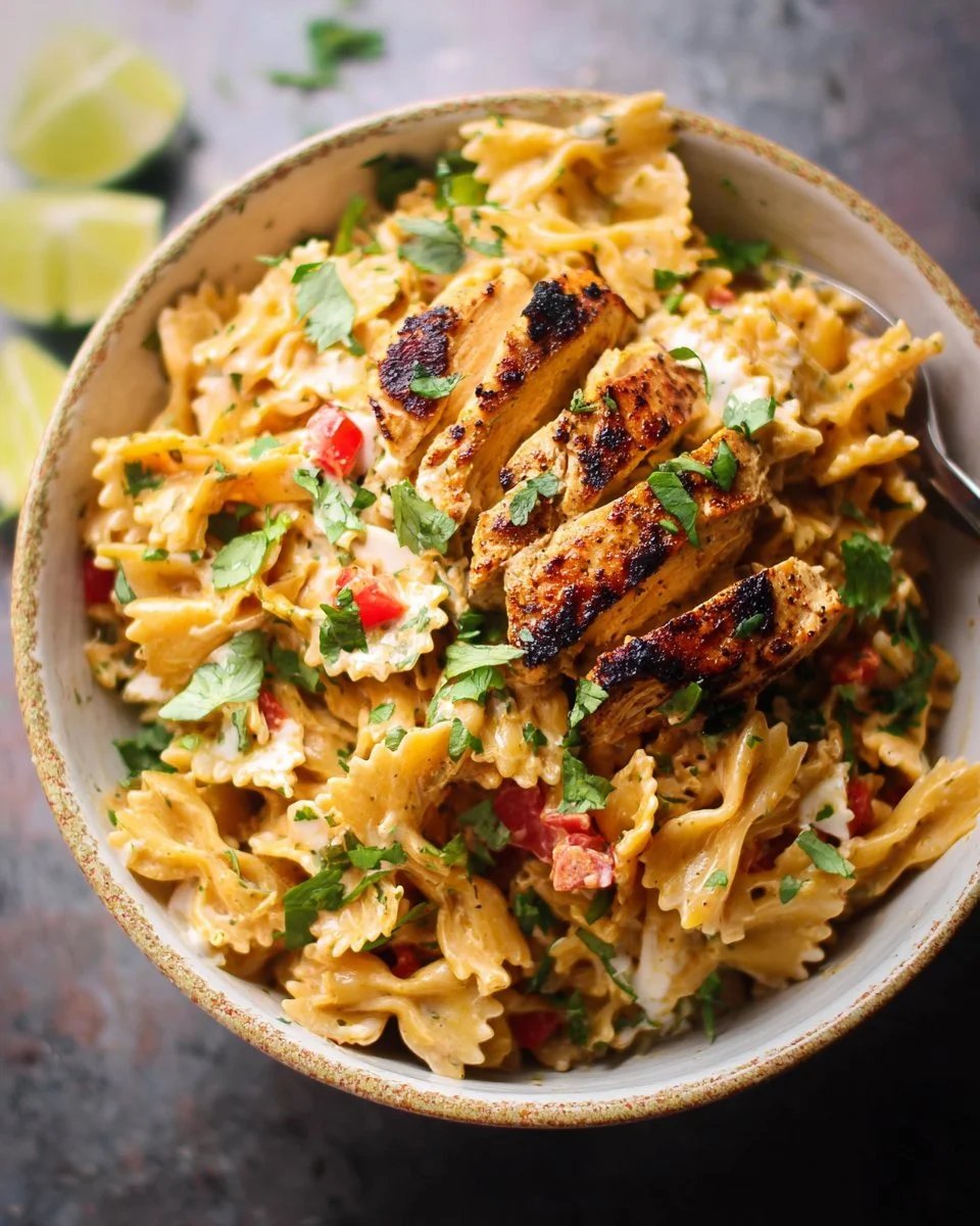 Delicious Chicken Enchilada Mexican Pasta Salad served in a bowl