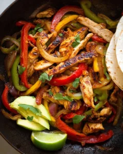Sizzling chicken fajitas served with colorful bell peppers and onions