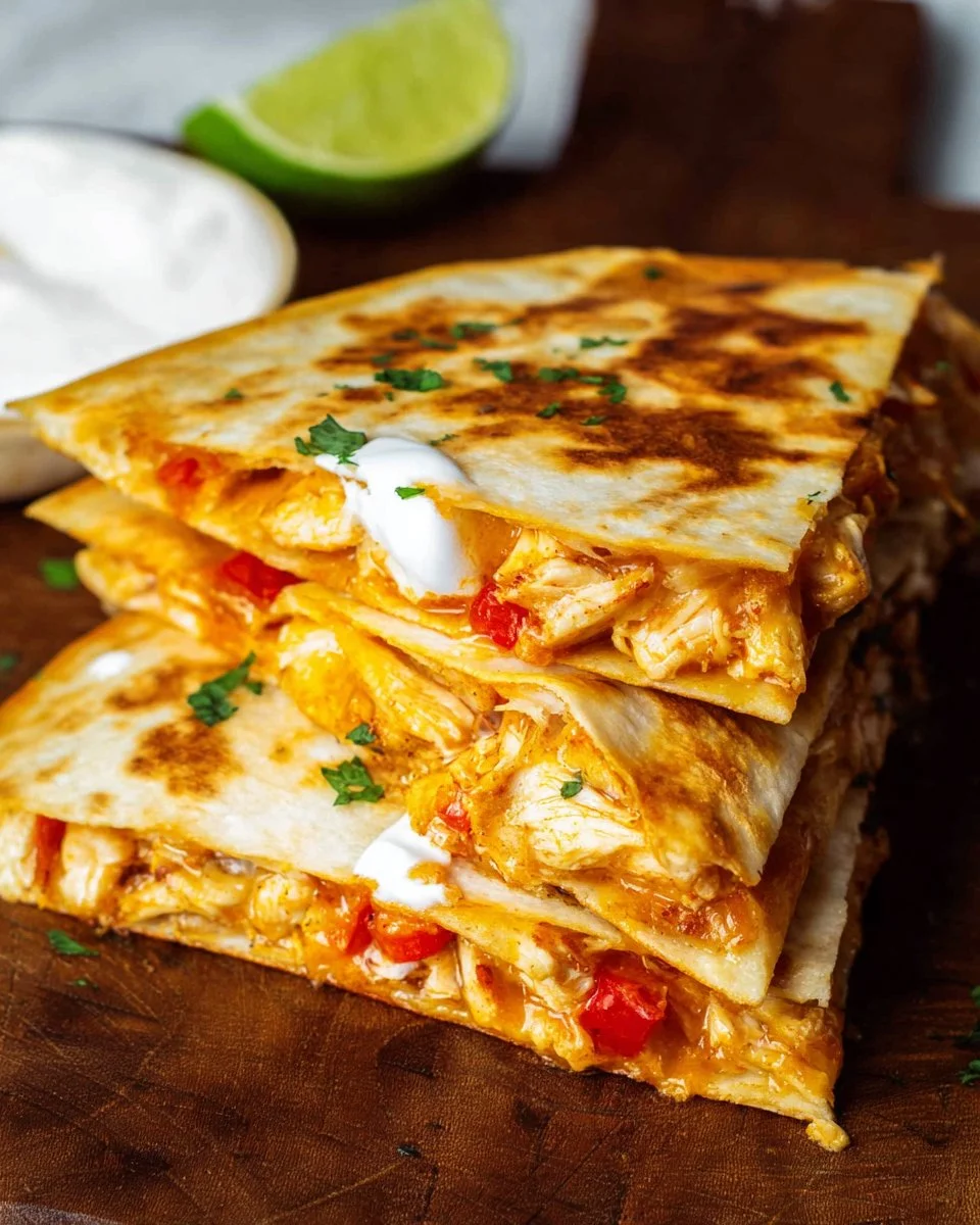 Delicious chicken quesadillas served with salsa and sour cream