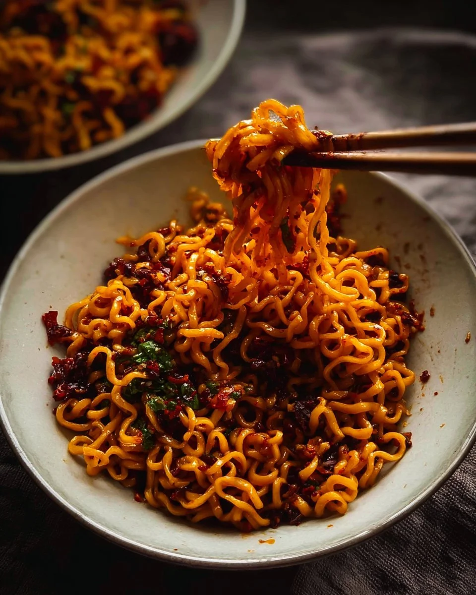 Bowl of spicy chili crisp noodles garnished with herbs and chili flakes