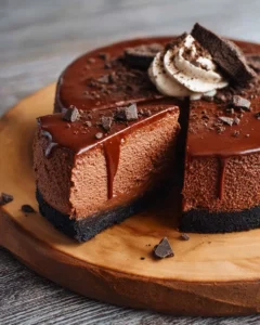 Decadent chocolate cheesecake slice on a plate with chocolate drizzle