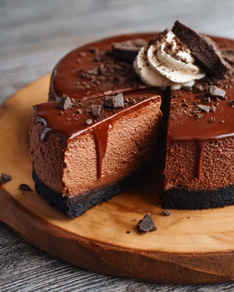 Decadent chocolate cheesecake slice on a plate with chocolate drizzle