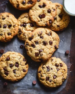 Freshly baked chocolate chip cookies placed on a cooling rack