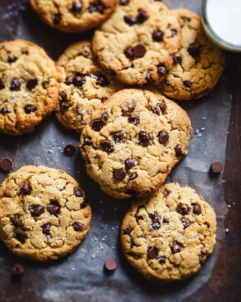Freshly baked chocolate chip cookies placed on a cooling rack