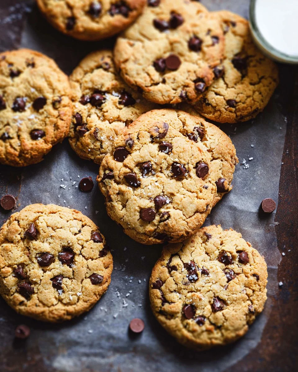 Freshly baked chocolate chip cookies placed on a cooling rack
