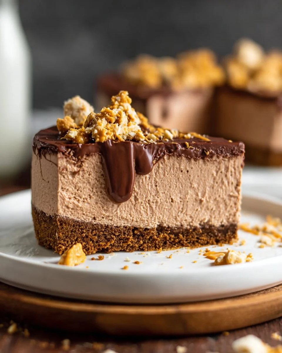 Delicious Chocolate Peanut Butter No Bake Cheesecake topped with chocolate drizzle