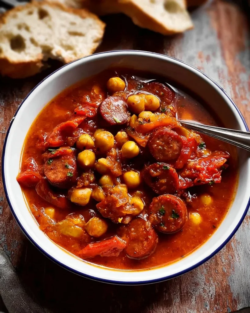 Delicious Chorizo Chickpea Stew served in a bowl, garnished with herbs.