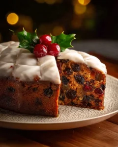 A beautifully decorated Christmas moist fruit cake with colorful fruits and nuts.