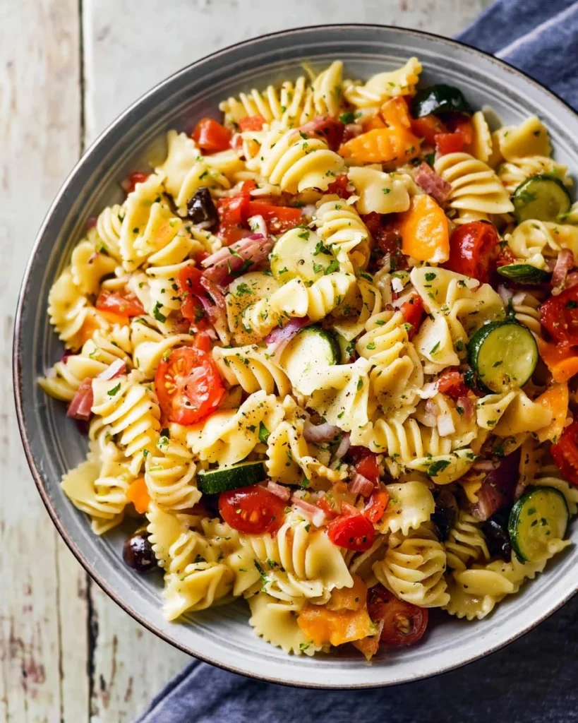 Bowl of classic Italian pasta salad with colorful vegetables and dressing
