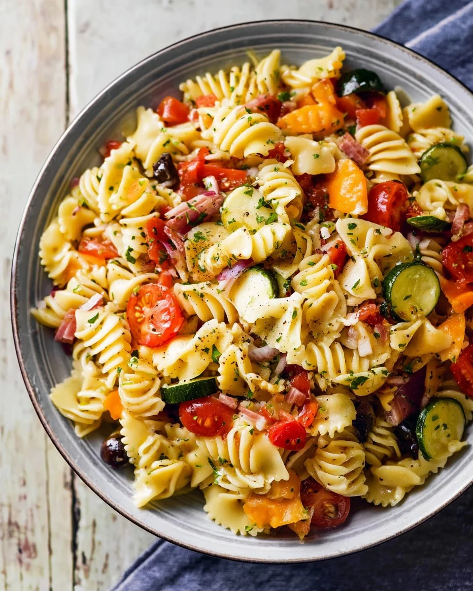 Bowl of classic Italian pasta salad with colorful vegetables and dressing