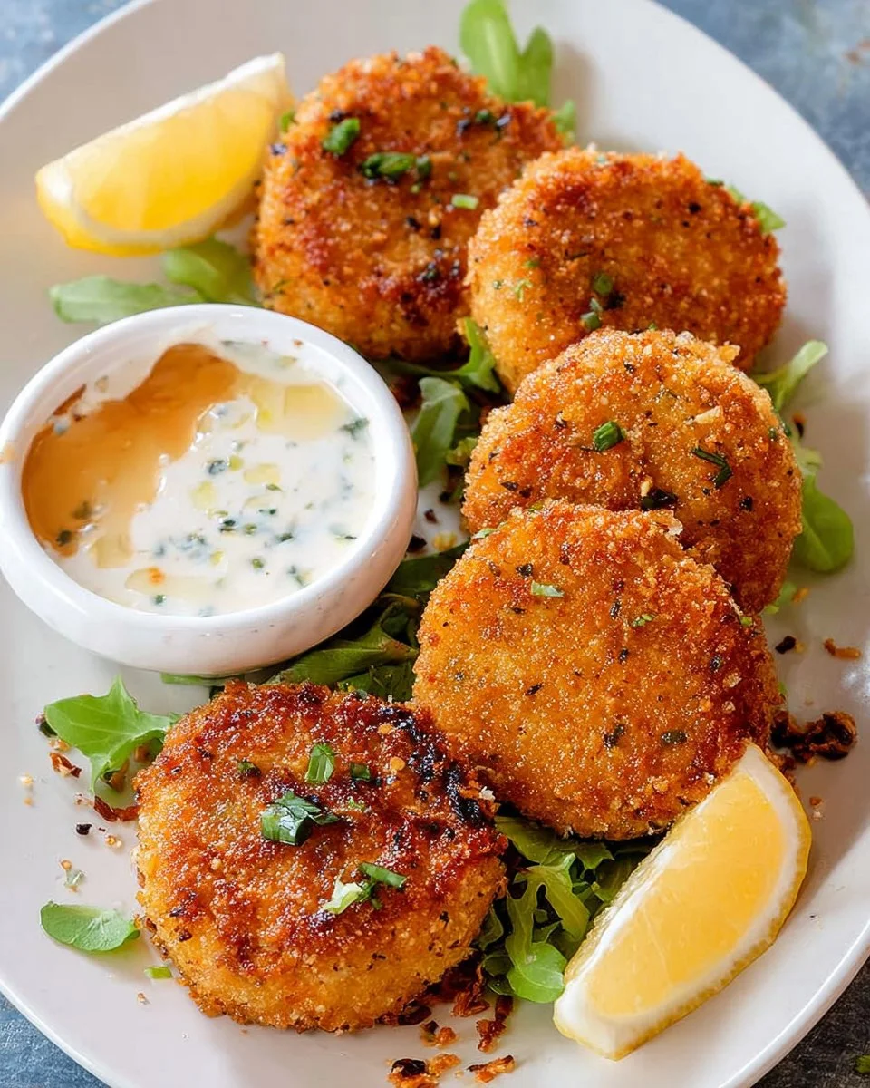 Delicious coconut shrimp cakes ready to be served with dipping sauce.