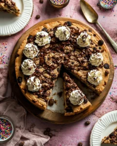 Delicious freshly baked cookie cake decorated with chocolate chips and icing.