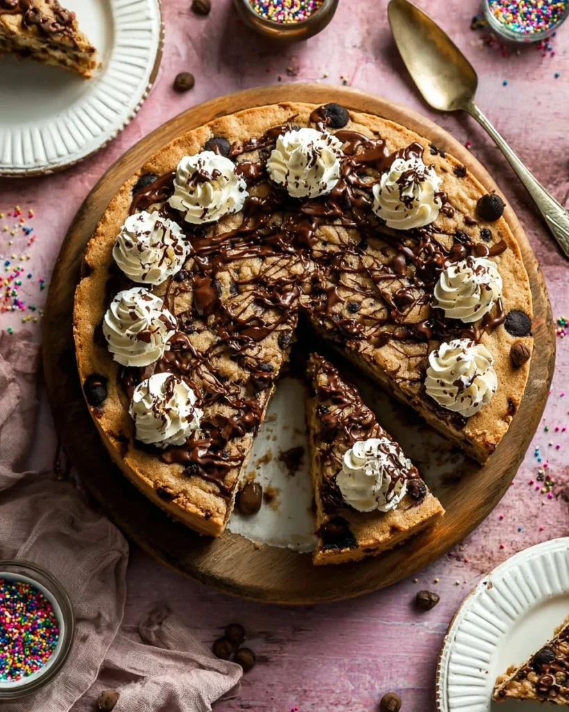 Delicious freshly baked cookie cake decorated with chocolate chips and icing.