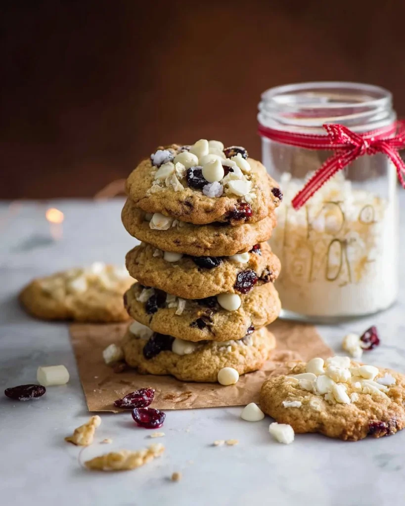 White Chocolate Cranberry Cookies in a jar ready to bake.