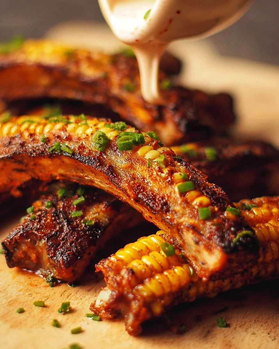 Deliciously grilled corn ribs served on a plate with seasoning.