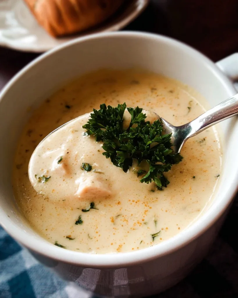 Delicious bowl of homemade Cream of Chicken Soup garnished with herbs