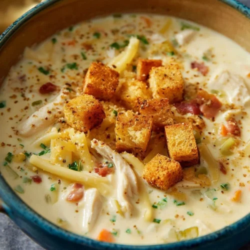 Creamy Bacon Chicken Noodle Soup with Mini Croutons