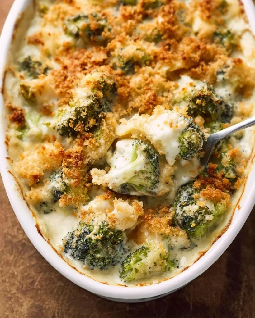 Creamy broccoli casserole with melted cheese and breadcrumbs