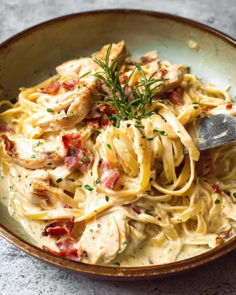 Creamy chicken and bacon pasta served in a bowl with herbs