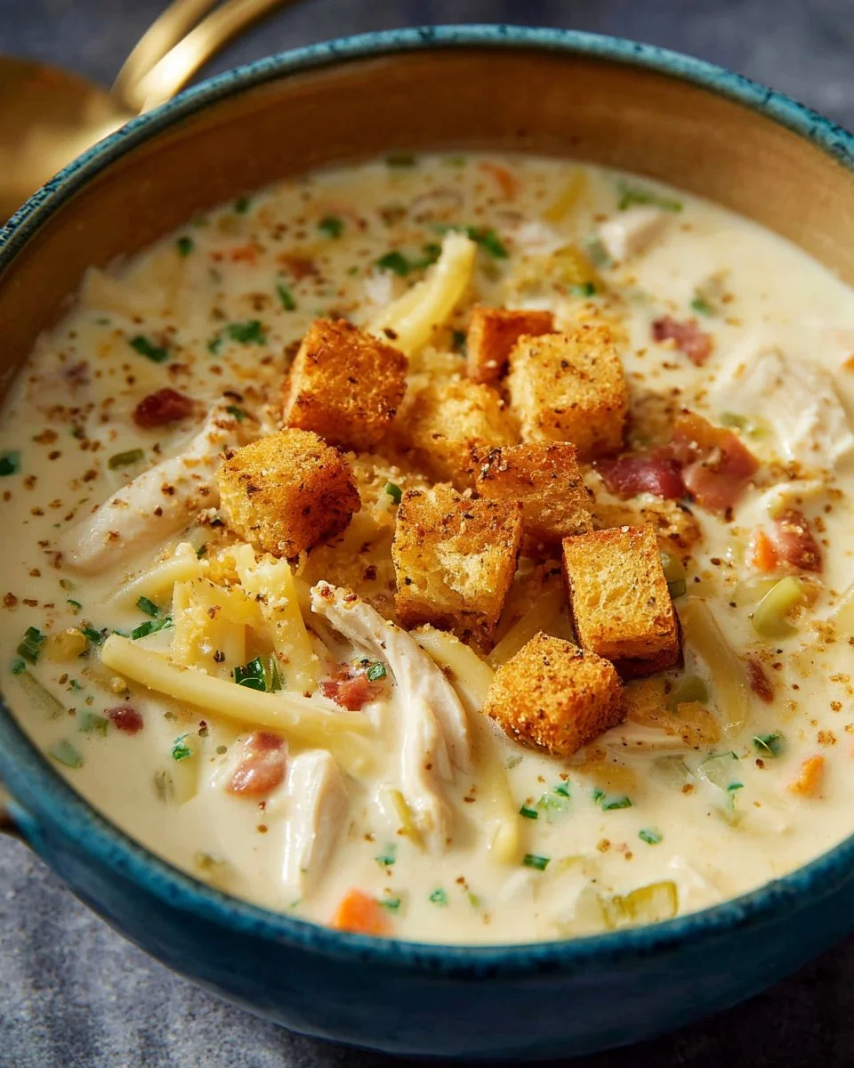Creamy chicken noodle soup with mini croutons in a bowl