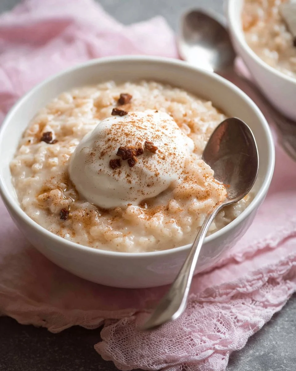 Creamy cinnamon rice pudding served in a bowl, topped with a sprinkle of cinnamon.