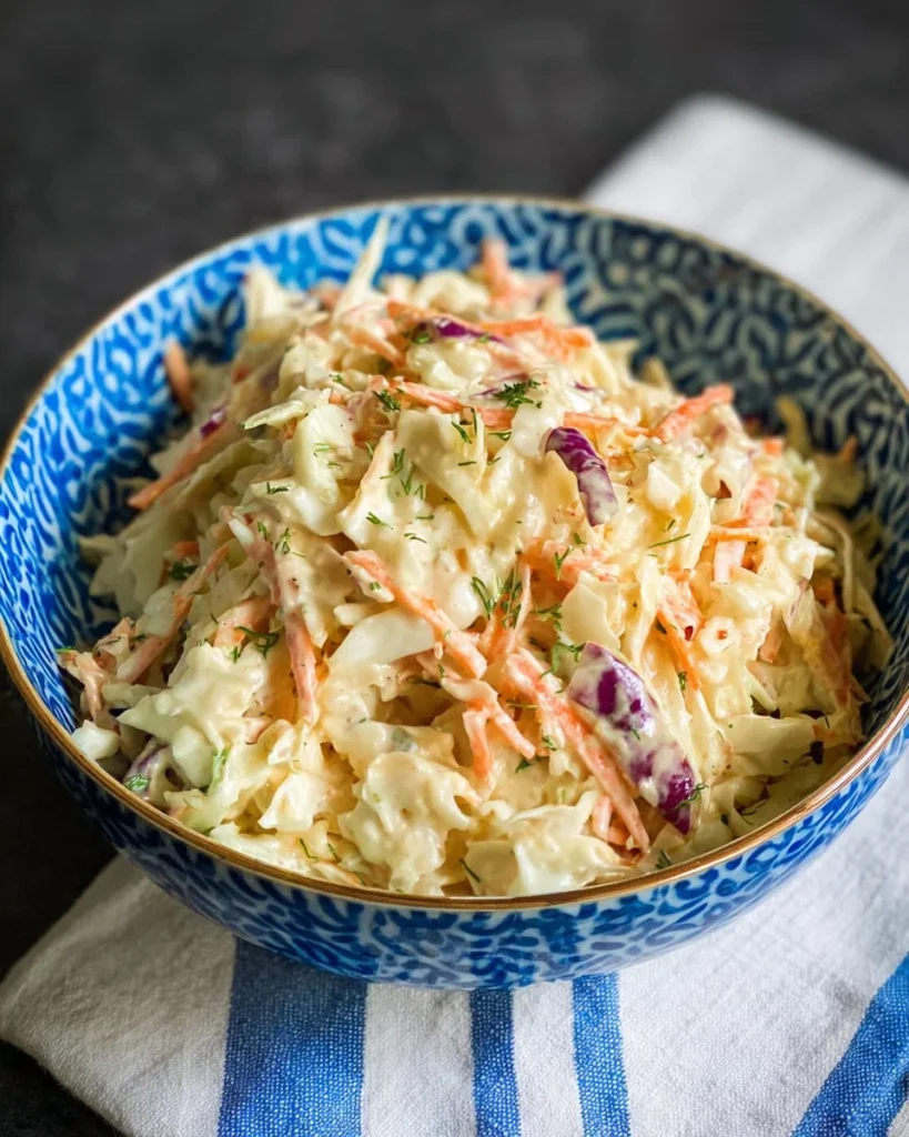 Delicious creamy coleslaw dish in a bowl garnished with parsley