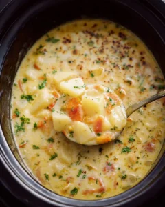 Creamy crockpot potato soup in a bowl, garnished with herbs and served warm.