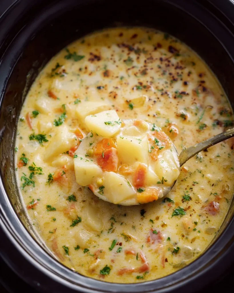 Creamy crockpot potato soup in a bowl, garnished with herbs and served warm.
