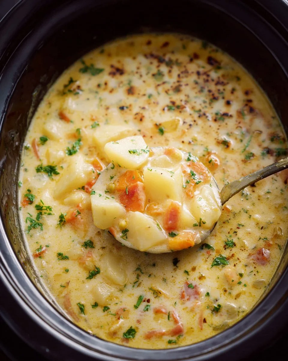 Creamy crockpot potato soup in a bowl, garnished with herbs and served warm.