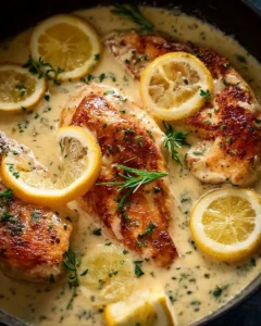 Creamy lemon chicken breast dish with fresh herbs and lemon slices