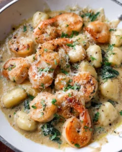 Creamy Parmesan gnocchi with shrimp in a white sauce.