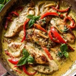 Creamy pesto chicken dish garnished with fresh herbs and served on a plate