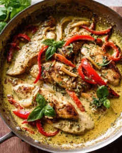 Creamy pesto chicken dish garnished with fresh herbs and served on a plate