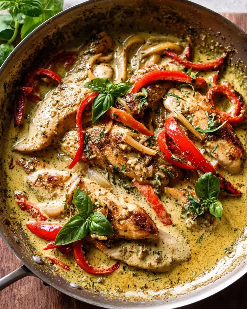Creamy pesto chicken dish garnished with fresh herbs and served on a plate