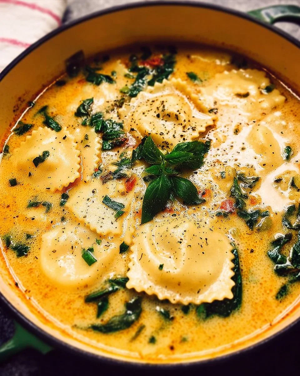 Bowl of creamy ravioli soup garnished with herbs and cheese