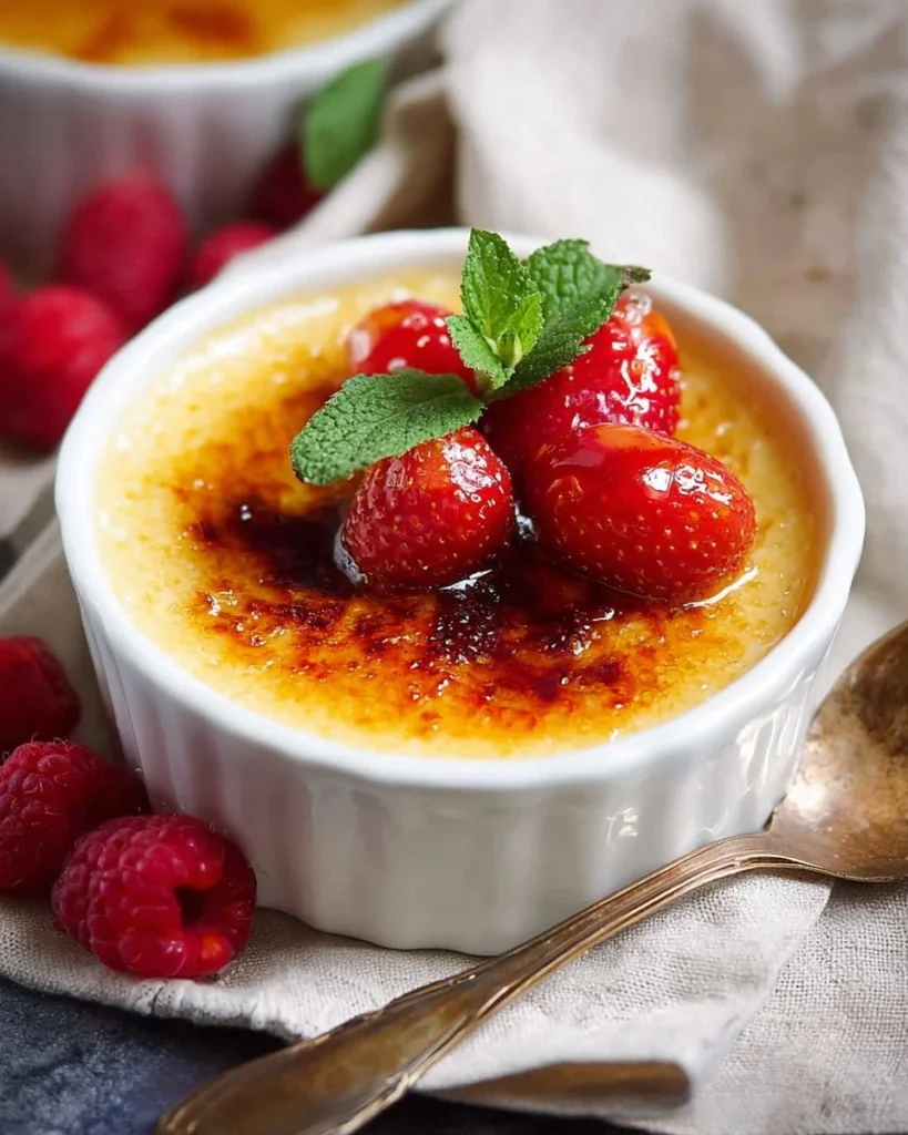 Delicious Crème Brûlée, French vanilla custard with caramelized sugar topping.