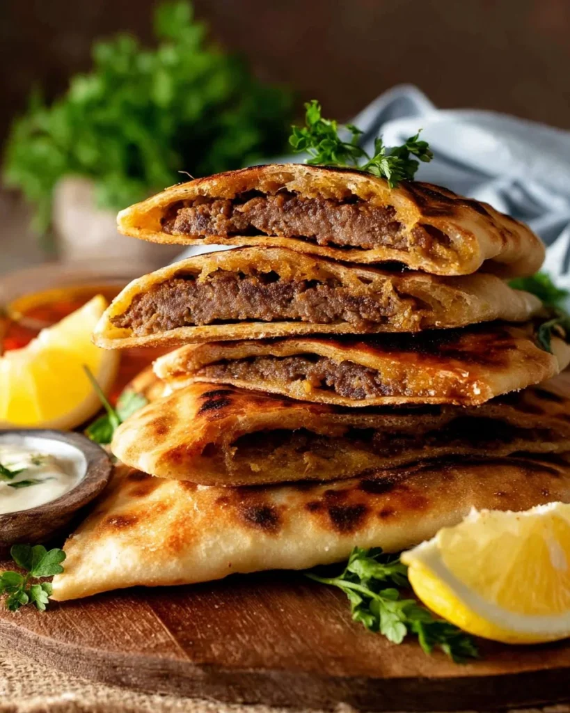 Crispy Lebanese Meat Stuffed Pita (Arayes) ready to be served.