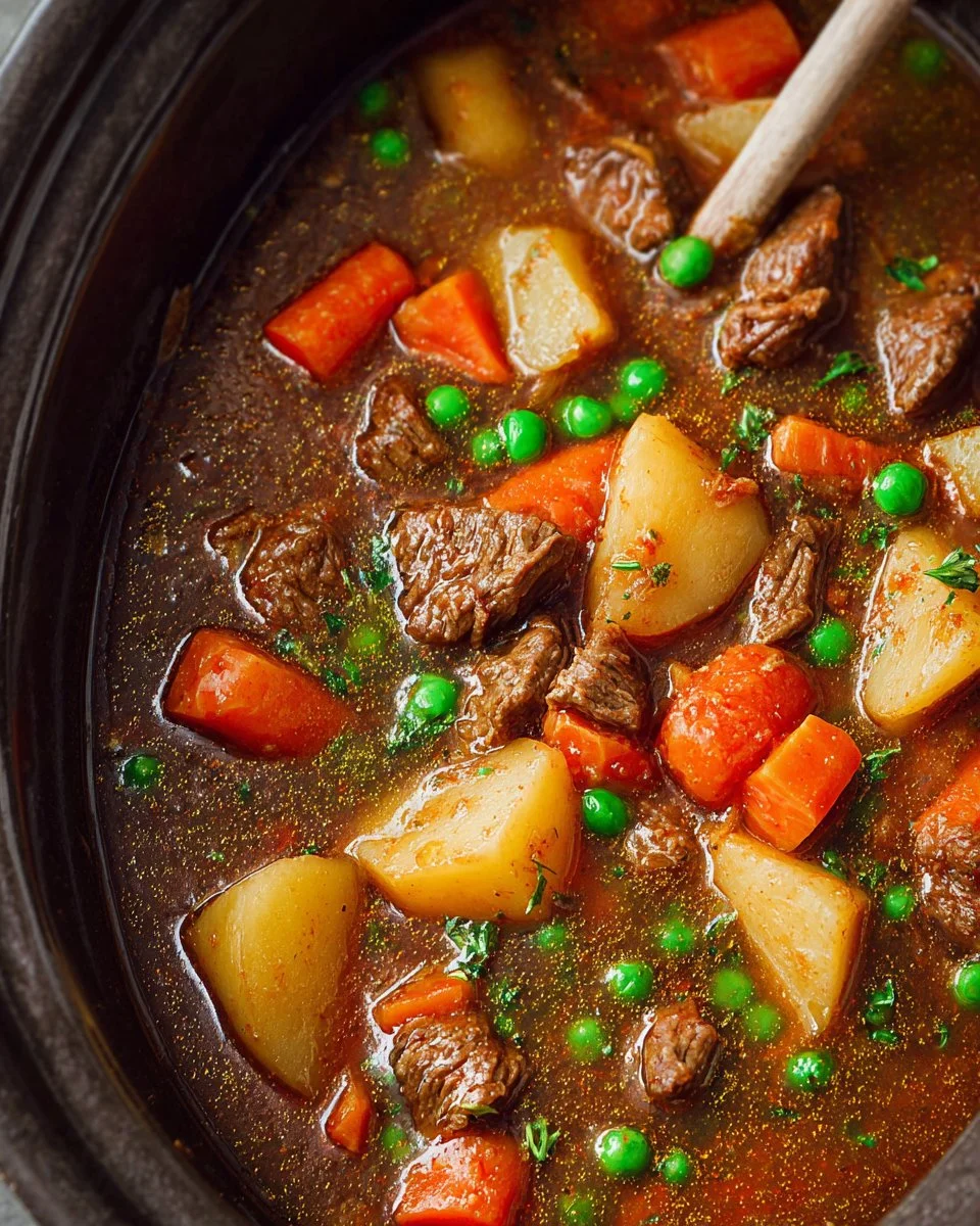 Delicious Crockpot beef stew simmering with tender meat and vegetables