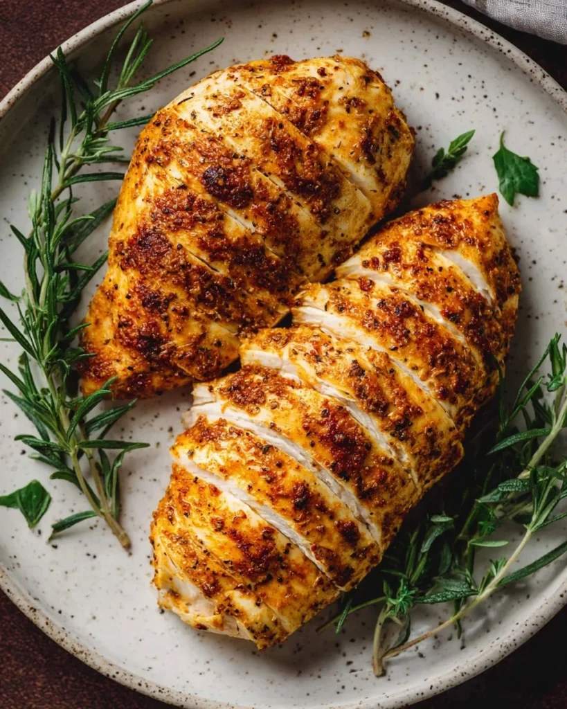 Deliciously cooked crockpot chicken breast served with herbs and spices