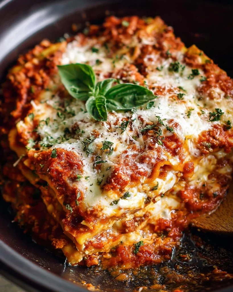 Delicious homemade crockpot lasagna layered with sauce and cheese