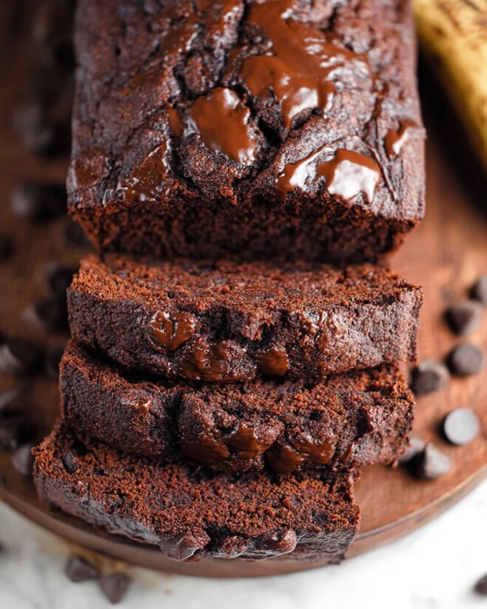Slice of double chocolate banana bread on a wooden cutting board