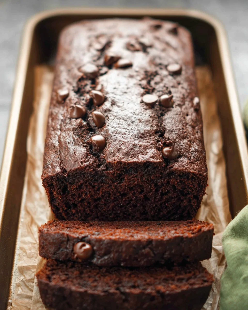 Slice of double chocolate zucchini bread on a plate with chocolate chips