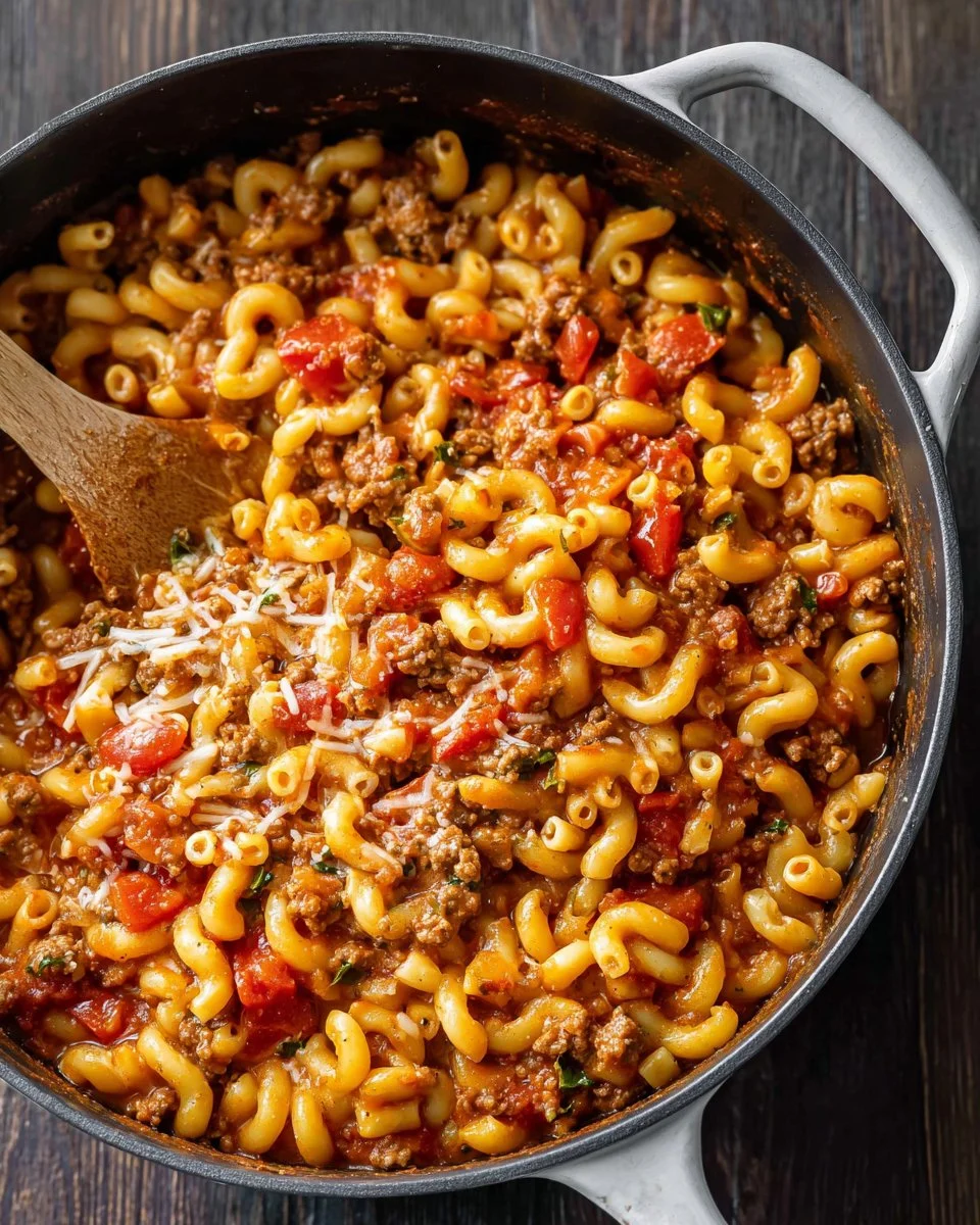 Delicious bowl of American goulash topped with cheese and herbs