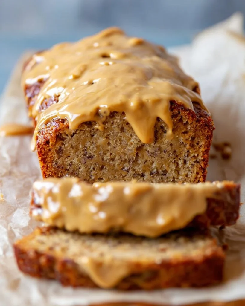 Slice of easy banana bread with peanut butter glaze on a plate